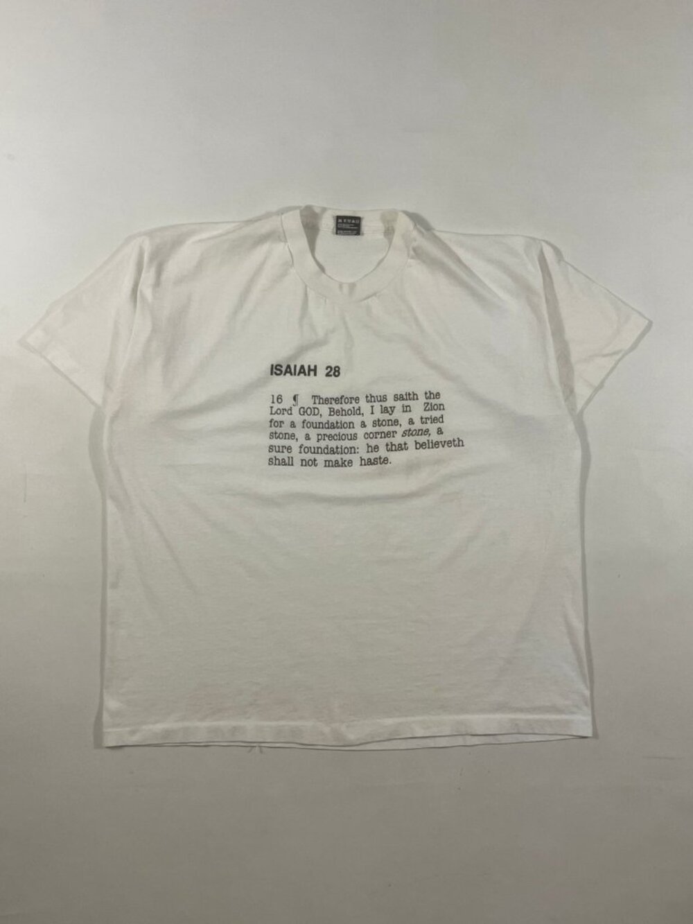 Vintage 90s Isaiah 28 Bible Verse Scripture Tee White Single Stitch USA XXL